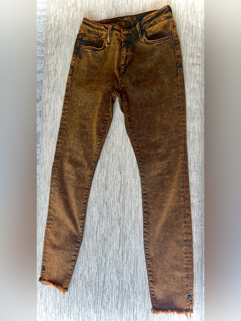 All Saints Skinny Jeans In Distressed Black/Copper Wash, Frayed Cutout Hem
